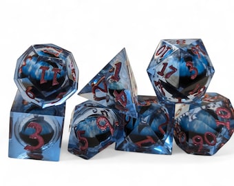 Blue Moving Eye Liquid Core dice set magenta numbering DnD roleplay D20 cat eye