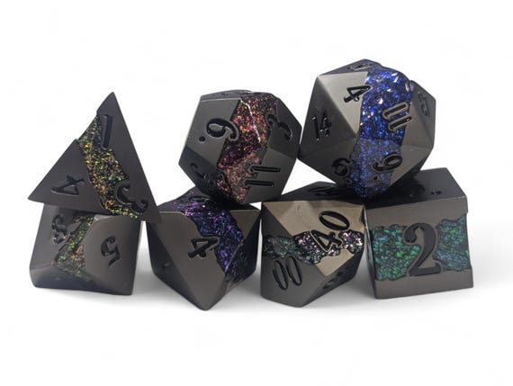 Rainbow Metal Dice Set: Mineral Vein DnD Roleplay Dice faux stone