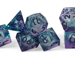 Blue purple Sea Green Liquid core dice set sharp resin DnD roleplay D20 glitter filled iridescent blue numbering
