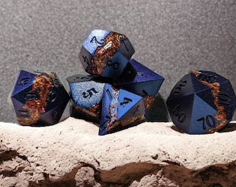Blue metal copper vein dice set DnD roleplay D20 faux stone metal dice set