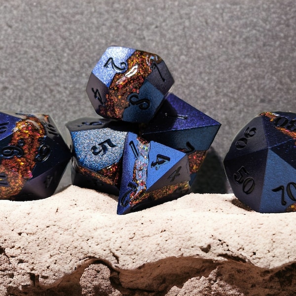 Blue metal copper vein dice set DnD roleplay D20 faux stone metal dice set