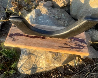 knife Display Stand Handmade Wood with Burned Inlay