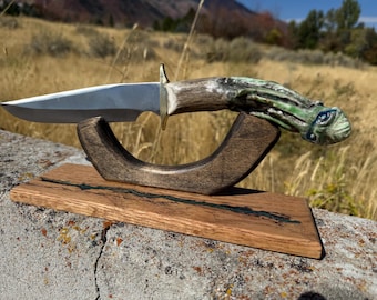 knife Bowie Knife Handmade Carved Deer Horn: “Cthulhu” Art Display by John Olsen