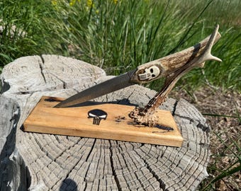 Damascus Dagger with Stand – Skull Carved Handle, Handmade John Olsen Design