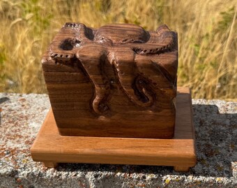 Hand-Carved Walnut Wood Box: Kraken Design, Magnetic Latch