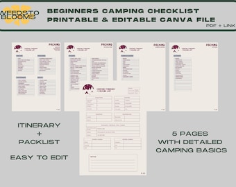 Beginners Camping Itinerary guide printable PDF Editable fonts and information on free canva account