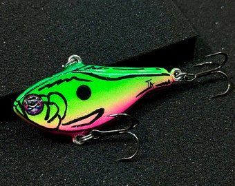 TreysArt Handmade 2.5 inch Lipless Crankbait Fishing Lure Neon Green and Pink