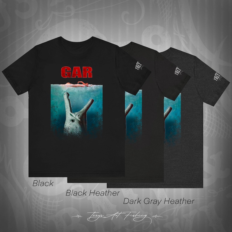 May include: Black, black heather, and dark gray heather t-shirts with a graphic of a prehistoric sea creature with the word "GAR" in red letters above it.