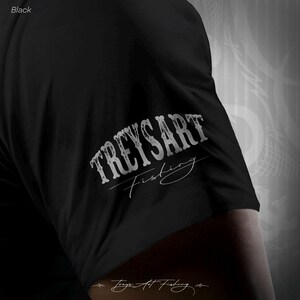 May include: Black t-shirt with a white distressed graphic that says "Treysart Fishing" on the sleeve.