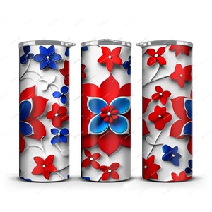 Red + White + Blue 3D Flowers Tumbler Wrap PNG Sublimation Design - Straight Tapered 20oz Skinny Tumbler - Instant Digital Download Files