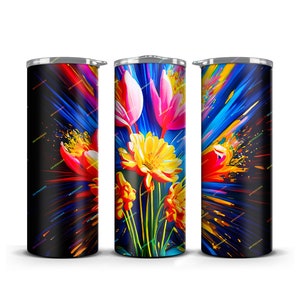 May include: Three stainless steel insulated tumblers with vibrant floral designs. The artwork features yellow and pink flowers against a dark background with streaks of blue, red, and orange. The tumblers are cylindrical and have a silver rim.