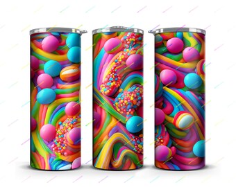 Rainbow Candy Swirl Tumbler Wrap PNG Diseño de sublimación - Vaso flaco de 20 oz - Recto y cónico - Archivos de descarga digital