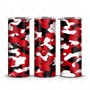 May include: Three stainless steel tumblers with a red, white and black camouflage pattern.