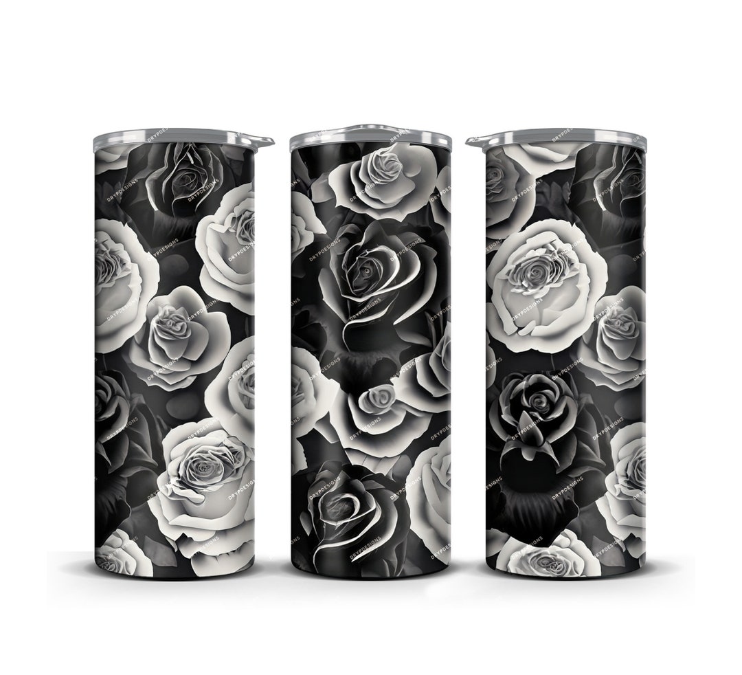 White Rose Rwrap Black + White Roses Tumbler Wrap PNG Sublimation Design - Straight and ...