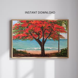 CARIBBEAN BEACH Art Print | Flamboyant Tree Painting | Tropical Wall Decor | Island Paradise Digital Download | 5 JPG Files Beach Wall Art