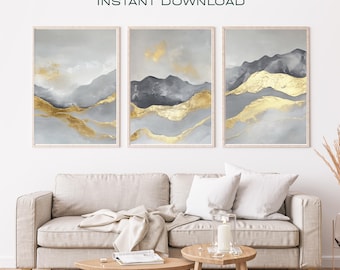 Silver & Gold Abstract Art Prints: Modern Fluid Texture (Digital Download)