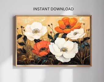 ヴィンテージの白いポピーの油絵、花のボタニカルアート（デジタル