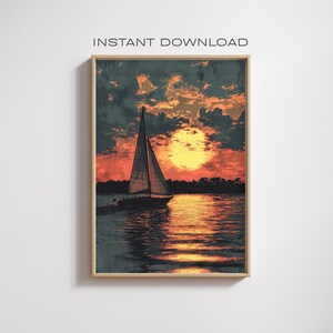 SUNSET SAILBOAT Wall Art | Nautical Ocean Print | Coastal Sunset Décor | Sailboat Painting | Beach House Art | Digital Download -5 JPG Files
