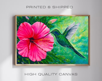 Hummingbird and Hibiscus Flower Canvas Print: Botanical Wall Art
