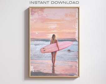 Surfer Girl Art Print: Pink Surfboard, Coastal Beach (Instant Download)