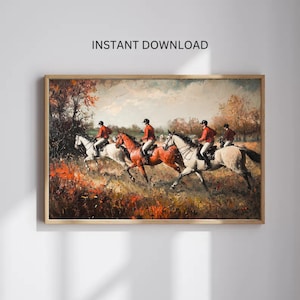 FOX HUNTING ART Print | English Equestrian Wall Decor | Vintage Hunt Party Scene | Rustic Farmhouse Style | Digital Download