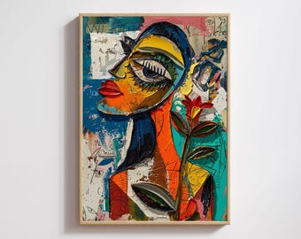 Picasso Inspired Woman Art Print: Colorful Cubism Portrait (Digital Download)
