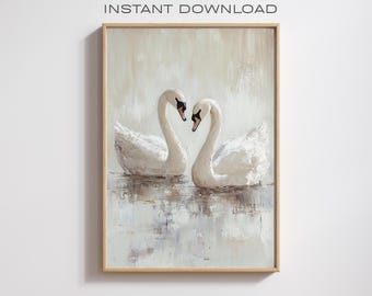 Swan Couple Art Print: Vintage White Swans Oil Painting (Digital Download)