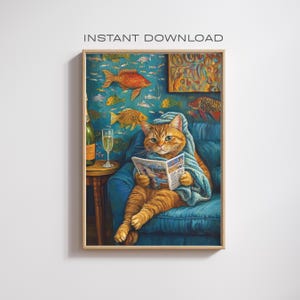 CAT READING BOOK Wall Art | Bookish Cat Digital Print | Cozy Cat with Book Illustration | Printable Wall Décor | Cat Lover| Instant Download