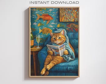 May include: A cartoon illustration of a cat wearing a blue towel, sitting in a blue armchair, reading a newspaper, with a glass of champagne on a side table. The background is a blue wall with a pattern of fish.