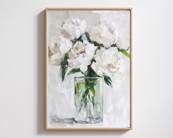 White Peonies Canvas Art Print: Vintage Floral Oil Painting