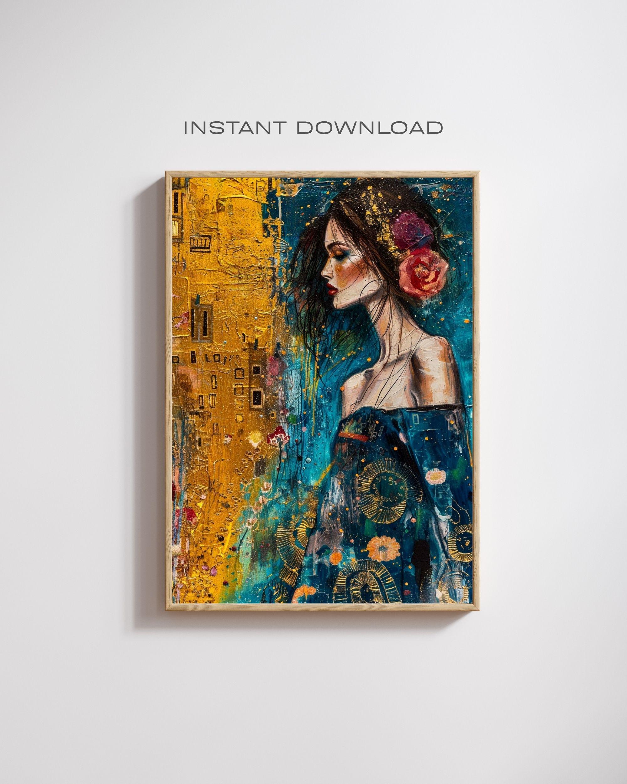 Gustav Klimt Inspired Woman Art Print: Botanical Fashion Portrait ...