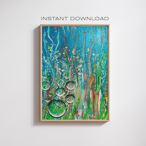 Puede incluir: Pintura abstracta con fondo azul y remolinos verdes, naranjas y blancos. La pintura presenta grandes burbujas transparentes que parecen flotar en el agua.