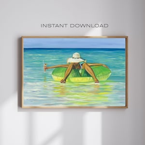 FLOATING IN OCEAN Acrylic Painting Print | Woman Floating In The Sea | Sea Swim Wall Art |  Seaside Relaxation Art Print | Instant Download