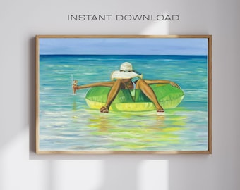 Woman Floating in Ocean Acrylic Painting Art Print (Digital Download