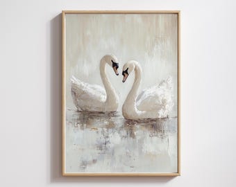 Swan Couple Canvas Print: Vintage Style Bird Wall Art