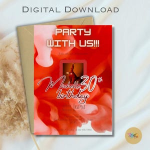 Faire-part d'anniversaire numérique modifiable rouge fumé, à la fois mobile et imprimable via Canva, téléchargement immédiat, tout âge, bricolage, carte d'invitation