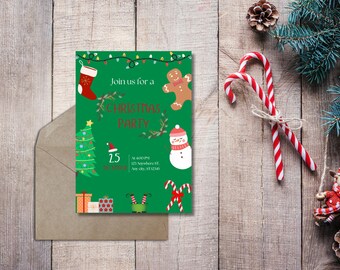 May include: Green Christmas party invitation with a snowman, gingerbread man, stocking, presents, and candy canes. The text reads "Join us for a Christmas Party" and includes the date, time, and address.