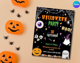 May include: Halloween party invitation with a black background and colourful decorations. The text reads "Halloween Party Boo! 31 October" with a ghost, spider, and eye graphic. The invitation includes the time, date, address, and RSVP information.