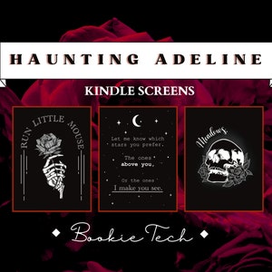 May include: Three Kindle screens with black backgrounds and white text. The first screen has a black and white illustration of a hand holding a rose with the text "Run Little Mouse". The second screen has a black and white illustration of a crescent moon and stars with the text "Let me know which stars you prefer. The ones above you, Or the ones I make you see.". The third screen has a black and white illustration of a skull with roses and the text "Meadows".