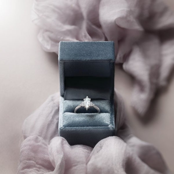 Square Velvet Engagement Ring Box Available In Black, Ivory, Mist, Mulberry, Navy, Olive, Rust , Silver, and Teal