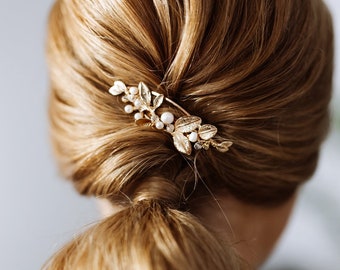 Boho Braut Haarnadel, Perlen Haarkamm, Süßwasserperlen Haarspange, rustikale Hochzeit Haarschmuck, Blattgold Haarkämme