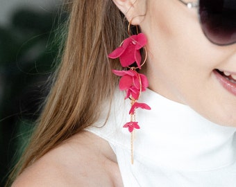 Everyday Simple Earrings, Gold Plated Earrings, Flower Drop Earrings, Gift for Her, Magenta Flowers Earrings, Summer Earrings