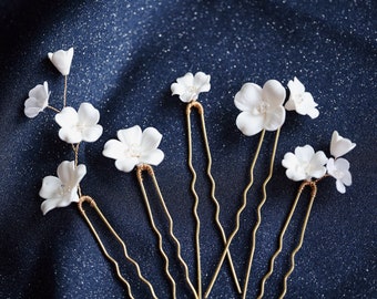 Flores blancas alfileres de pelo de boda, joyas para el cabello de novia, accesorios de boda con flores, horquillas de dama de honor