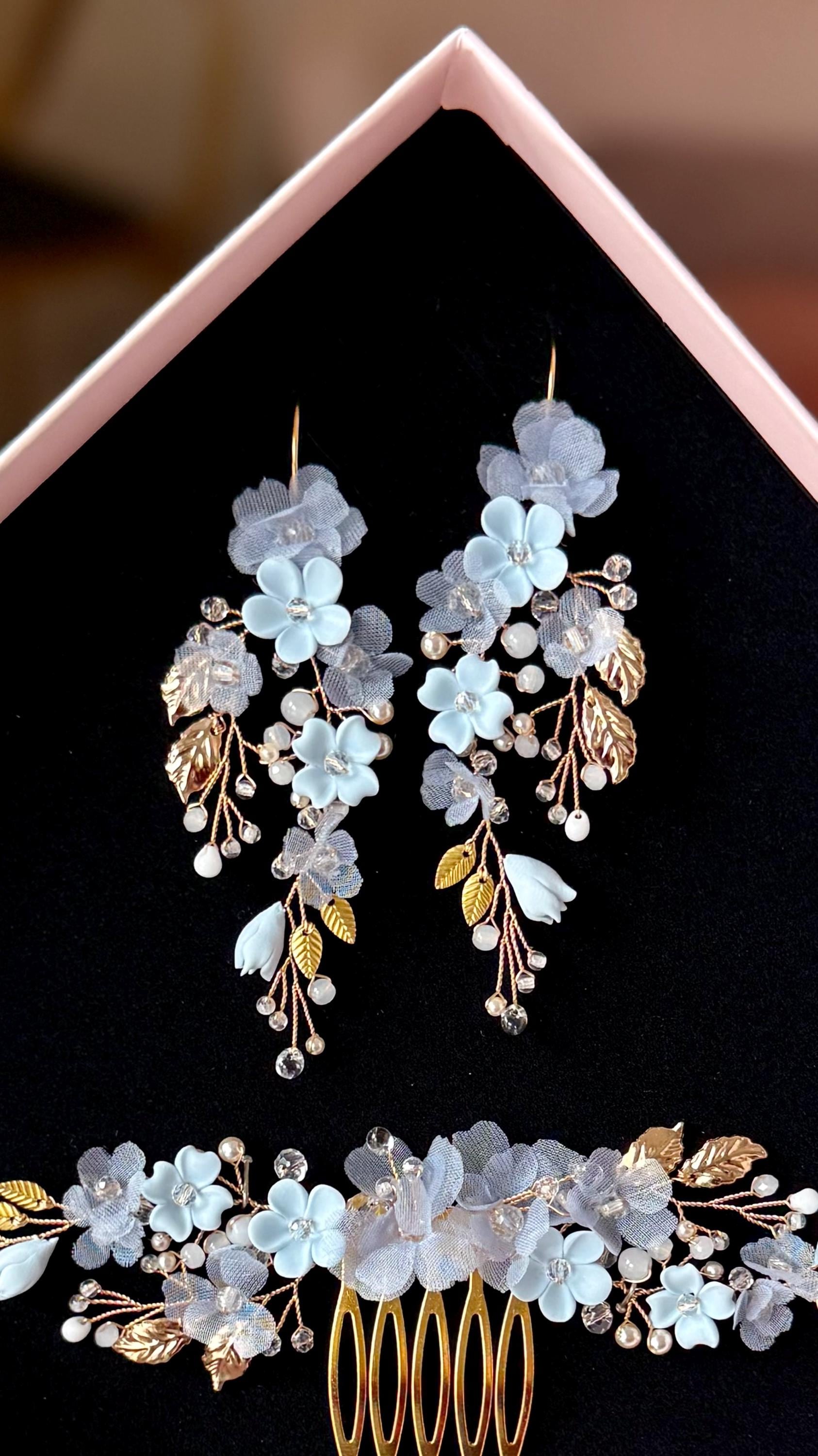 Orecchini Lunghi Floreali Boho Blu Opaco – Grandi Pendenti A Fiore Per Donna, Gioielli Fatti A Mano
