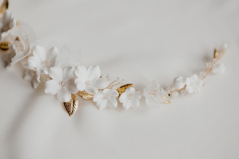 Wedding Flowers Headband, Gold wedding hair accessories, Flowers Bridal Headpiece, Wedding Hair piece, Bridal Halo, Wedding Crown image 6