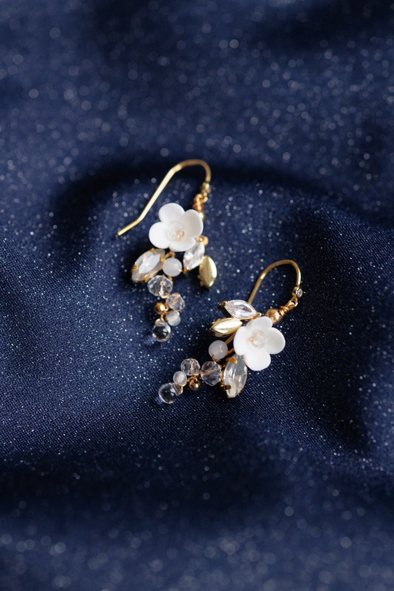 Small Wedding Earrings, Romantic Earrings, Handmade Earrings with Flowers, Delicate Bridal Jewelry, Handmade Jewelry, Boho Bridal Earrings Gold