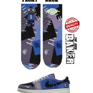 May include: A pair of patterned socks with a voodoo doll design, and a blue and black sneaker. The socks have a front and back view, with the word "FRONT" and "BACK" at the top. The sneaker is blue, black, and gray with a white sole. The word "BAKER" is printed on a white background.