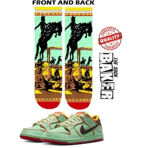 May include: Mint green sneakers with brown and yellow accents, paired with matching socks. The socks feature a cowboy-themed design with a rider on a horse. The text "FRONT AND BACK" is at the top of the socks.