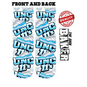 May include: Pair of socks featuring a repeating pattern of light blue and white sneaker graphics, the text "UNC 11's", and a "Quality Guarantee" seal. The words "Front and Back" are at the top.
