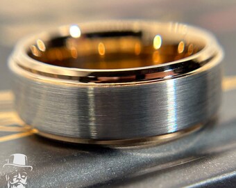 Men's Wedding Band/Ring in Silver and Gold Tungsten. Elegant, Art Deco Inspired, Timeless. THE GATSBY.